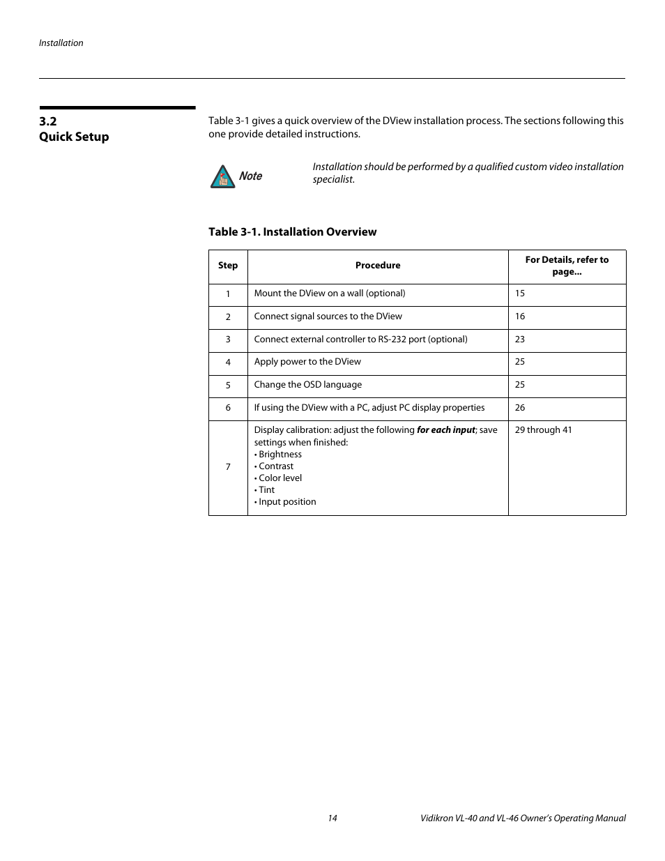 2 quick setup, Table 3-1 . installation overview, Quick setup | Pre l iminar y | Runco VL-46 User Manual | Page 24 / 76