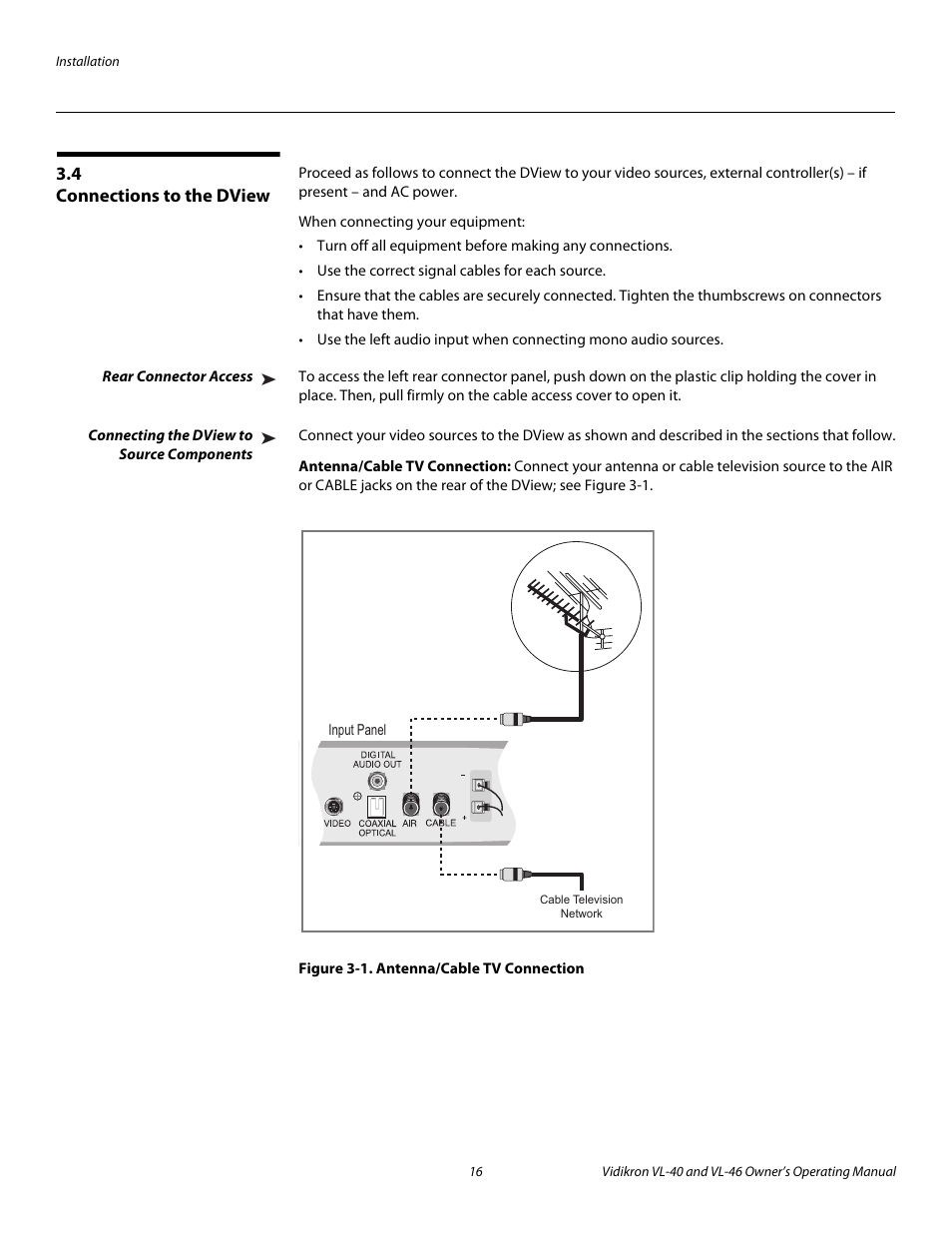 4 connections to the dview, Rear connector access, Connecting the dview to source components | Antenna/cable tv connection, Figure 3-1 . antenna/cable tv connection, Connections to the dview, 1. antenna/cable tv connection, Pre l iminar y | Runco VL-46 User Manual | Page 26 / 76