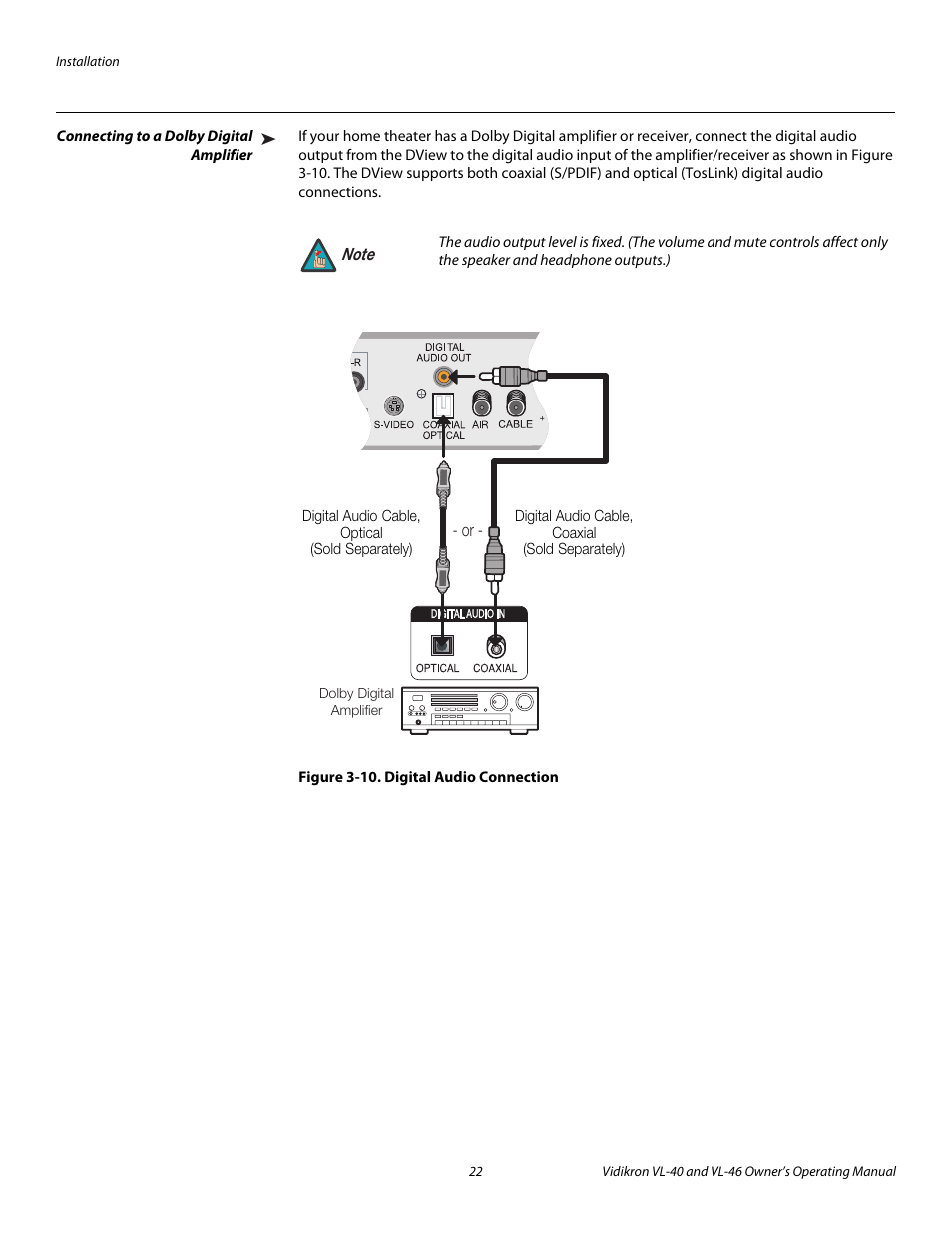 Connecting to a dolby digital amplifier, Figure 3-10 . digital audio connection, 10. digital audio connection | Pre l iminar y | Runco VL-46 User Manual | Page 32 / 76