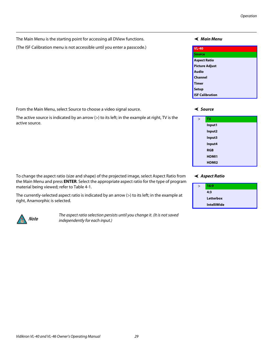 Main menu, Source, Aspect ratio | 29 through 4, Pre l iminar y | Runco VL-46 User Manual | Page 39 / 76