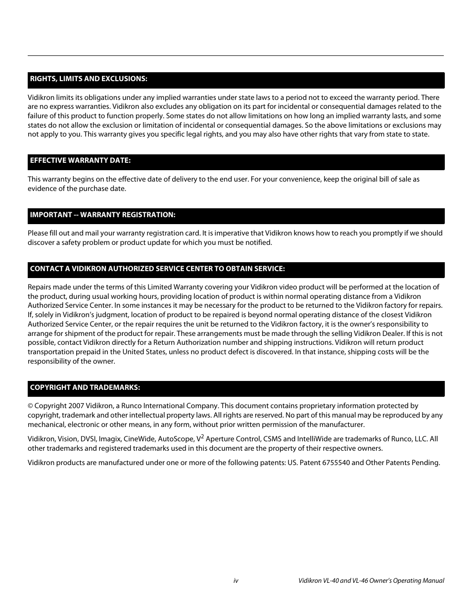Pre l iminar y | Runco VL-46 User Manual | Page 4 / 76