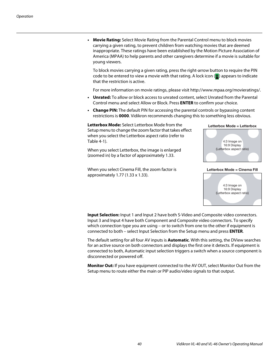 Letterbox mode, Input selection, Monitor out | Pre l iminar y | Runco VL-46 User Manual | Page 50 / 76