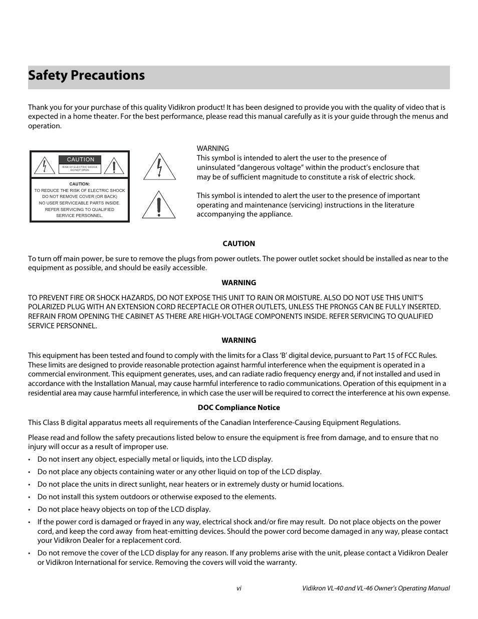 Safety precautions, Pre l iminar y | Runco VL-46 User Manual | Page 6 / 76