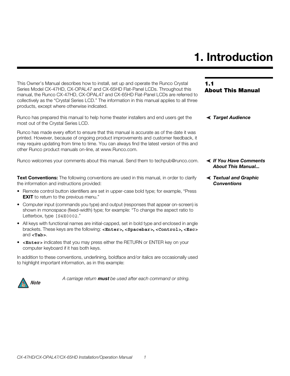 Introduction, 1 about this manual, Target audience | If you have comments about this manual, Textual and graphic conventions, Text conventions, About this manual, Pre l iminar y | Runco CRYSTAL CX-OPAL47 User Manual | Page 15 / 76