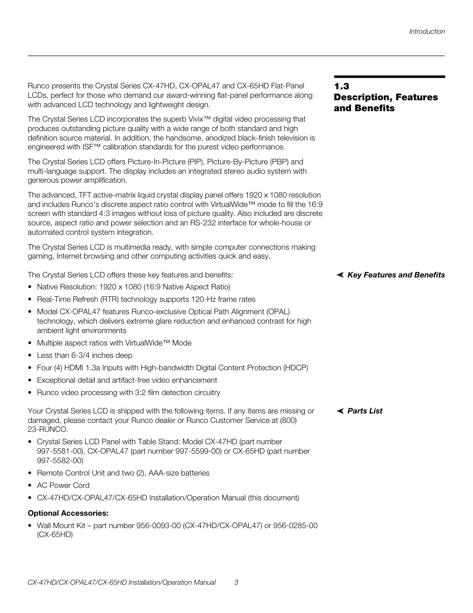 3 description, features and benefits, Key features and benefits, Parts list | Optional accessories, Description, features and benefits, Pre l iminar y | Runco CRYSTAL CX-OPAL47 User Manual | Page 17 / 76