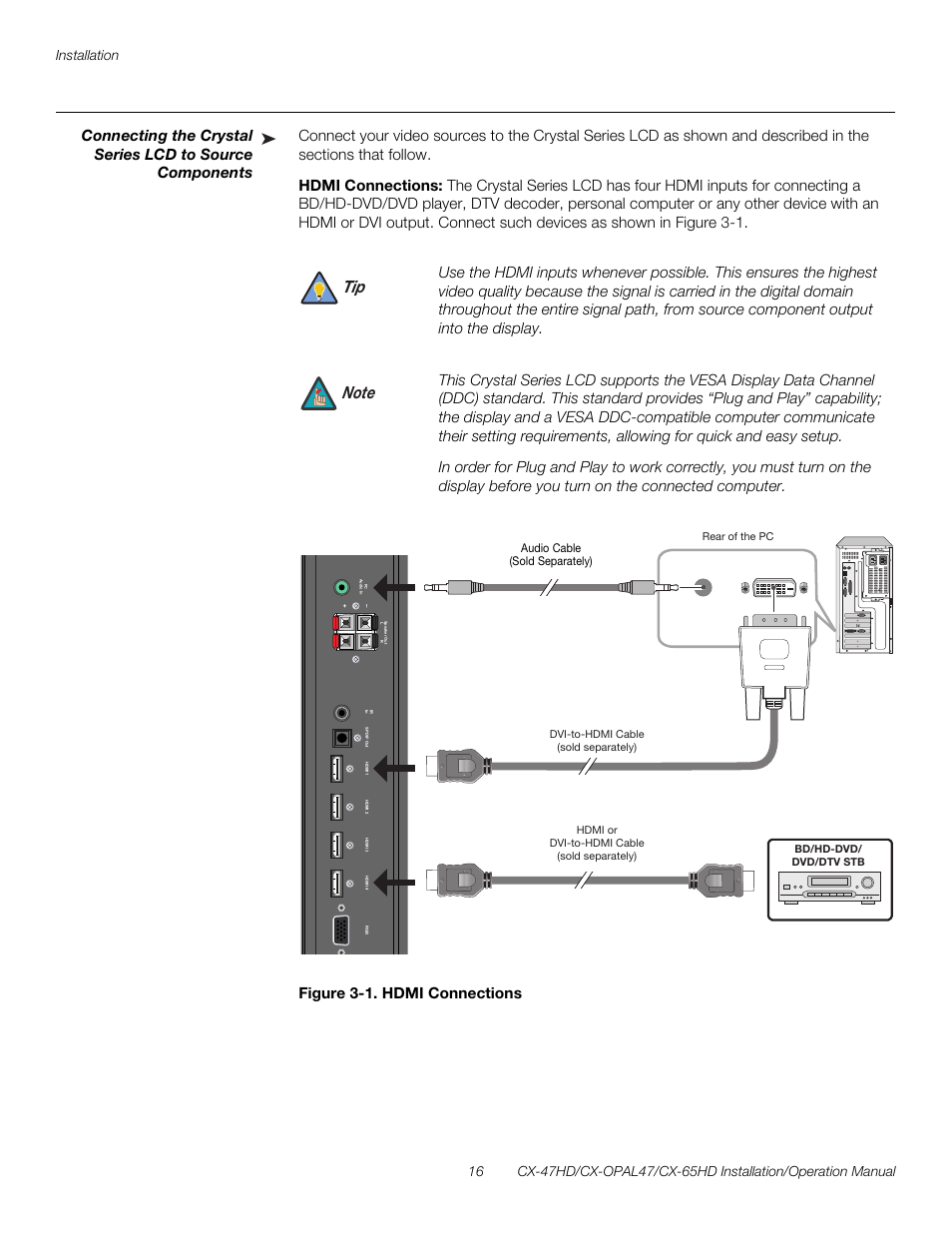 Hdmi connections, Figure 3-1 . hdmi connections, 1. hdmi connections | Pre l iminar y | Runco CRYSTAL CX-OPAL47 User Manual | Page 30 / 76