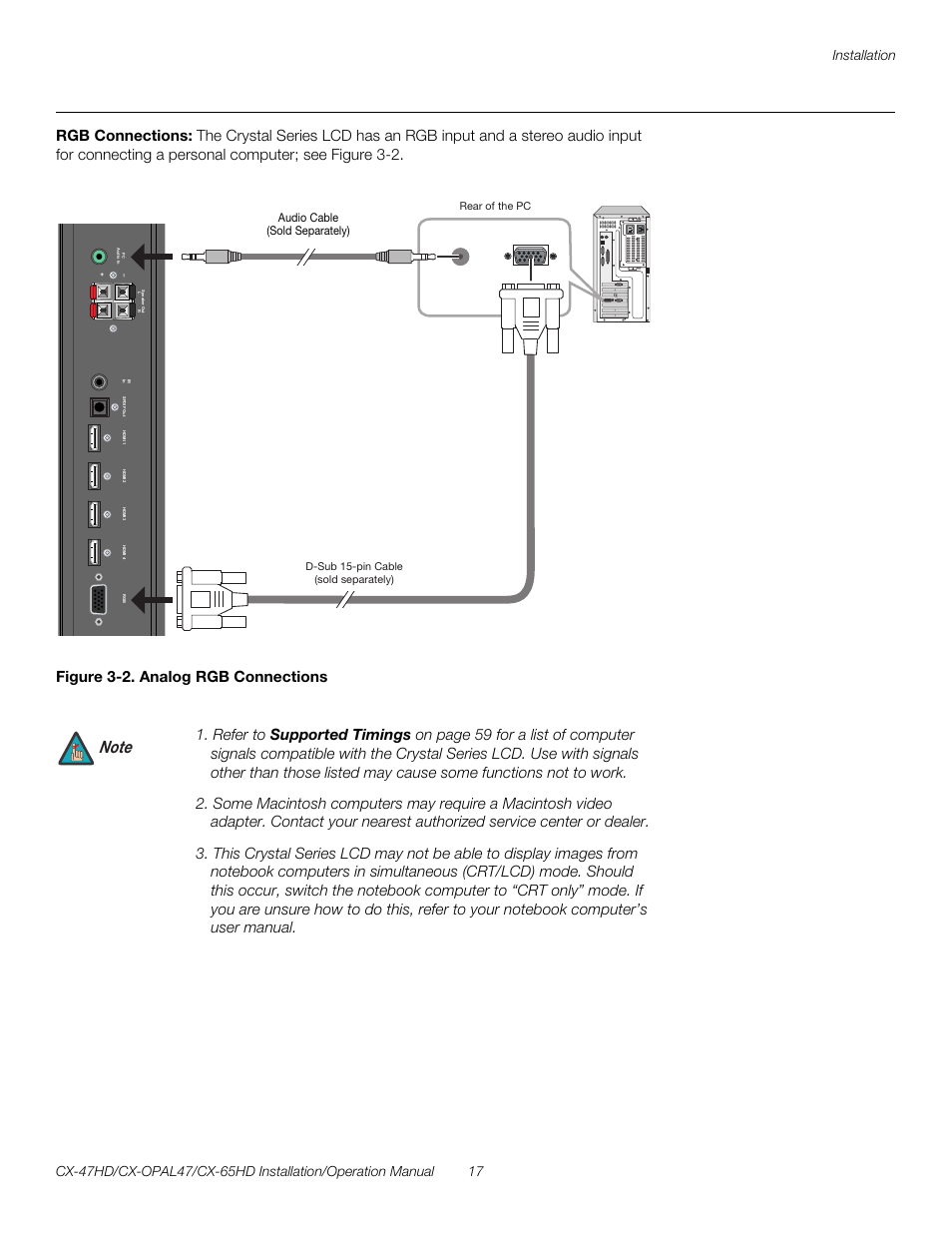 Rgb connections, Figure 3-2 . analog rgb connections, 2. analog rgb connections | Pre l iminar y | Runco CRYSTAL CX-OPAL47 User Manual | Page 31 / 76