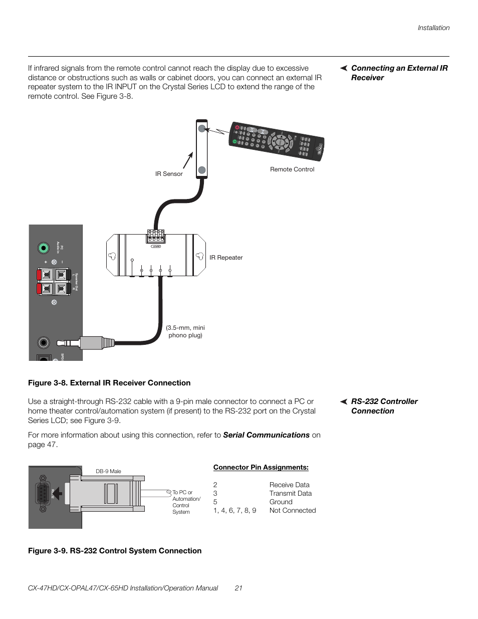 Connecting an external ir receiver, Figure 3-8 . external ir receiver connection, Rs-232 controller connection | Figure 3-9 . rs-232 control system connection, 8. external ir receiver connection, 9. rs-232 control system connection, Pre l iminar y | Runco CRYSTAL CX-OPAL47 User Manual | Page 35 / 76