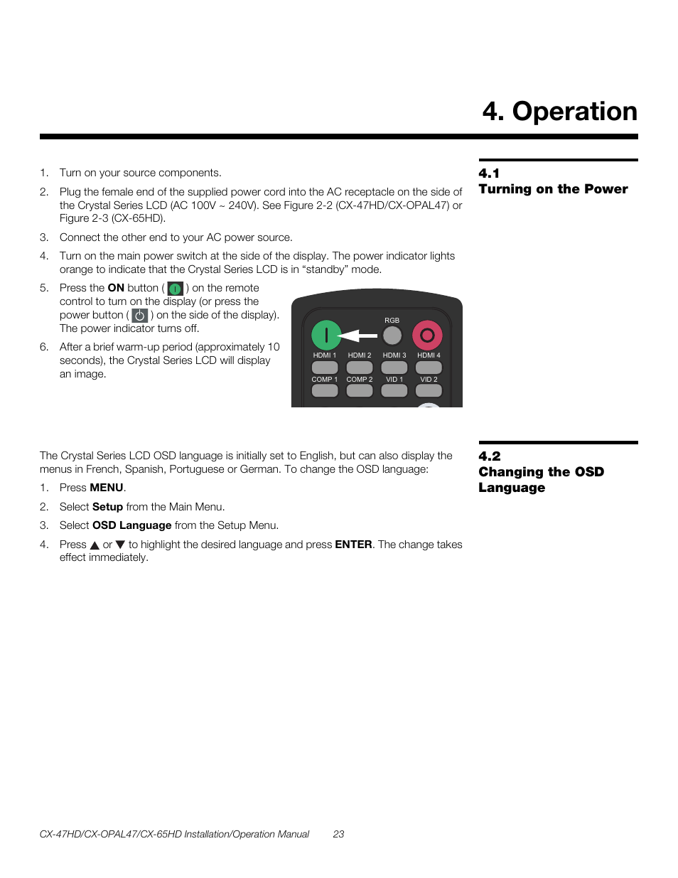 Operation, 1 turning on the power, 2 changing the osd language | Turning on the power, Changing the osd language, Pre l iminar y | Runco CRYSTAL CX-OPAL47 User Manual | Page 37 / 76