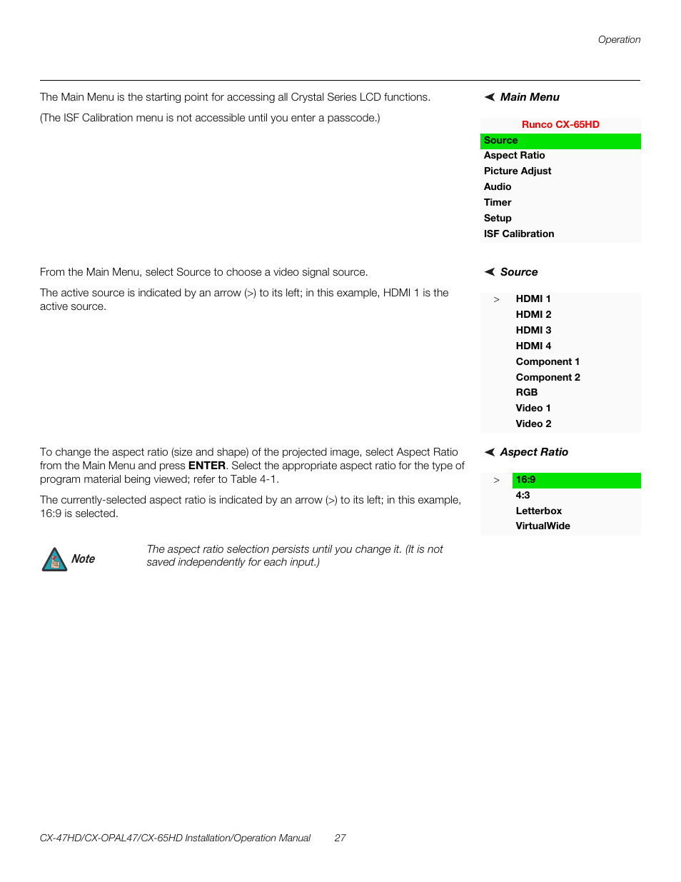 Main menu, Source, Aspect ratio | Pre l iminar y | Runco CRYSTAL CX-OPAL47 User Manual | Page 41 / 76