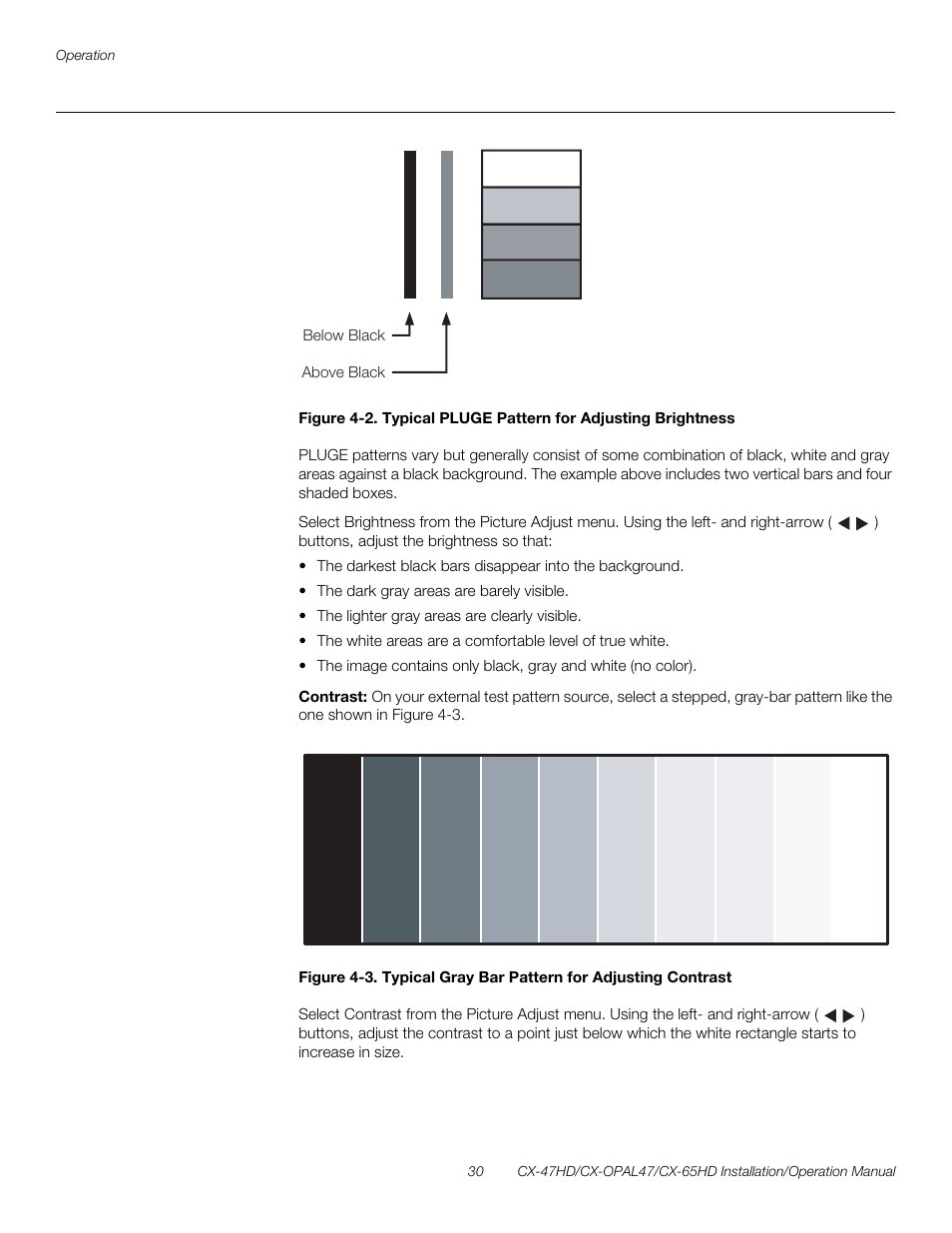 Contrast, 2. typical pluge pattern for adjusting brightness, 3. typical gray bar pattern for adjusting contrast | Pre l iminar y | Runco CRYSTAL CX-OPAL47 User Manual | Page 44 / 76