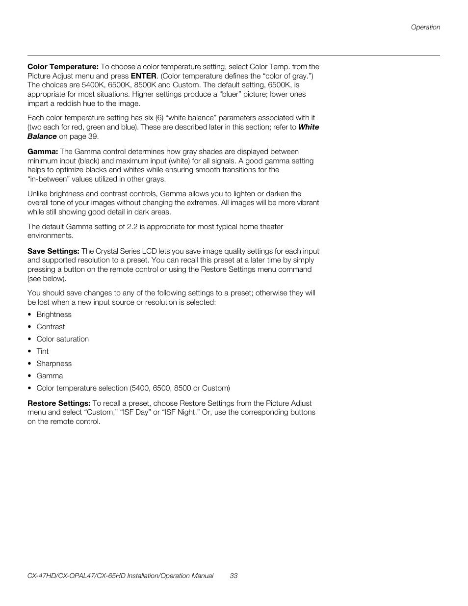 Color temperature, Gamma, Save settings | Restore settings, Pre l iminar y | Runco CRYSTAL CX-OPAL47 User Manual | Page 47 / 76