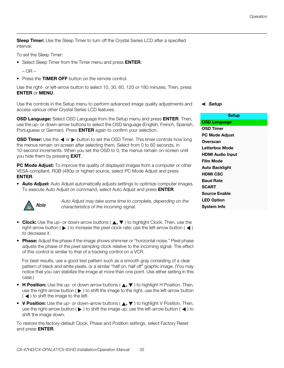 Sleep timer, Setup, Osd language | Osd timer, Pc mode adjust, Pre l iminar y | Runco CRYSTAL CX-OPAL47 User Manual | Page 49 / 76