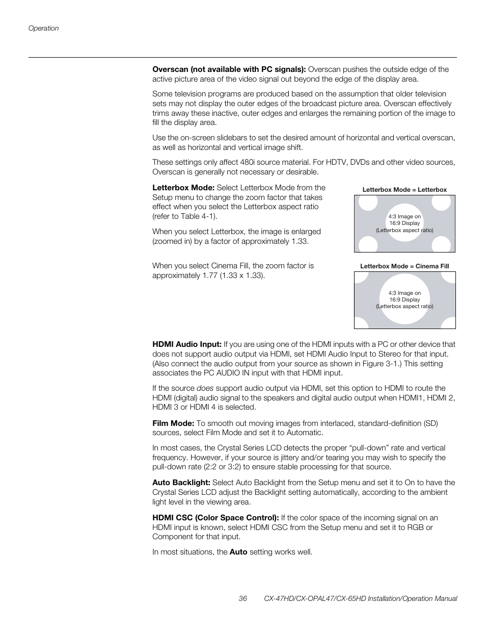 Overscan (not available with pc signals), Letterbox mode, Hdmi audio input | Film mode, Auto backlight, Hdmi csc (color space control), H 36, Pre l iminar y | Runco CRYSTAL CX-OPAL47 User Manual | Page 50 / 76