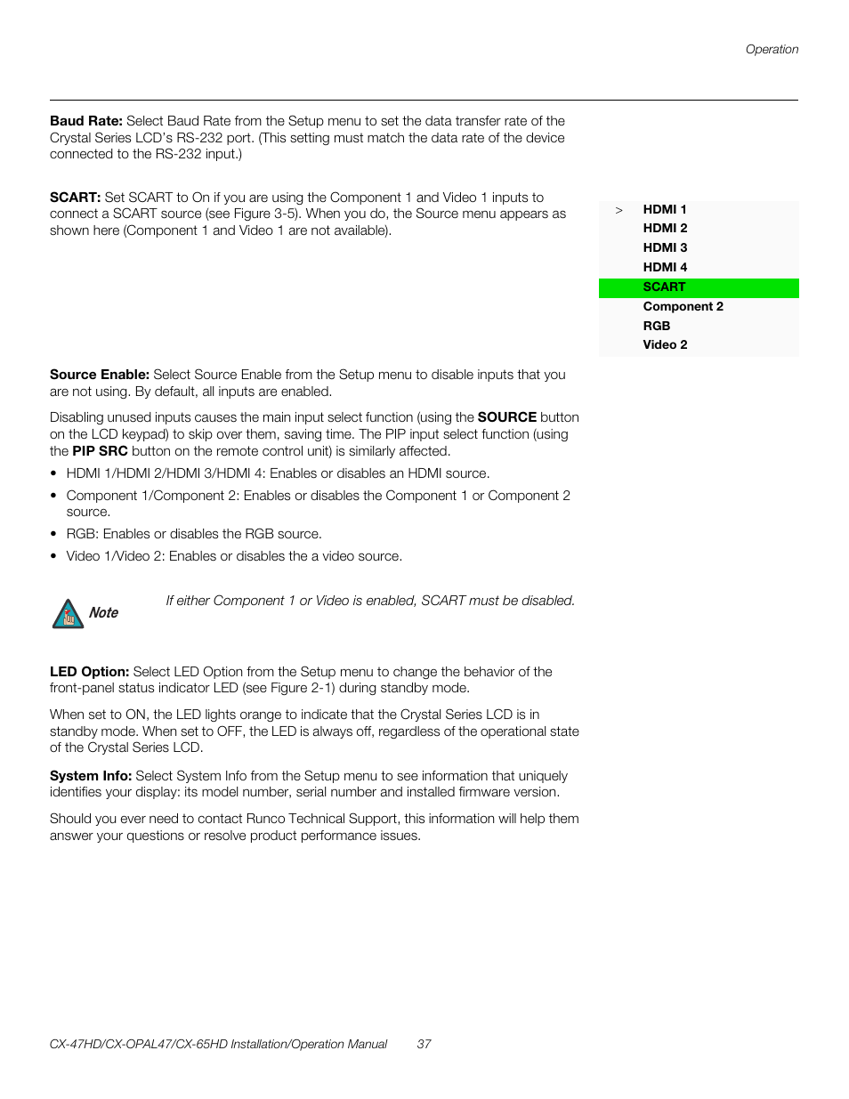 Baud rate, Scart, Source enable | Led option, System info, Pre l iminar y | Runco CRYSTAL CX-OPAL47 User Manual | Page 51 / 76