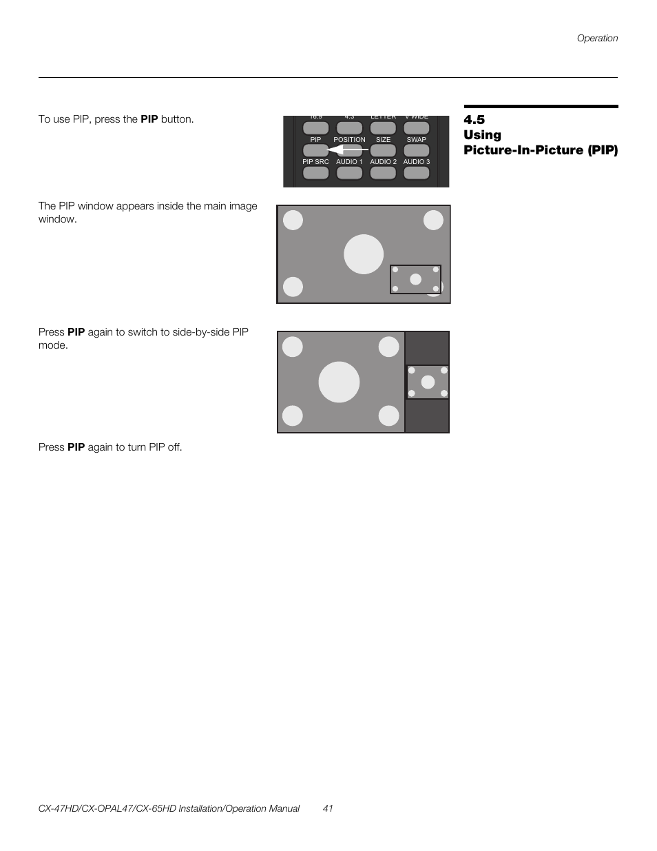 5 using picture-in-picture (pip), Using picture-in-picture (pip), Pre l iminar y | Runco CRYSTAL CX-OPAL47 User Manual | Page 55 / 76
