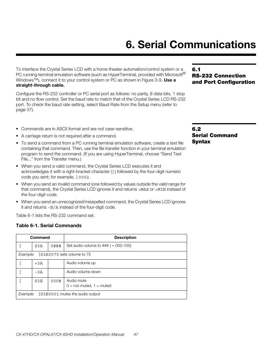 Serial communications, 1 rs-232 connection and port configuration, 2 serial command syntax | Table 6-1 . serial commands, Rs-232 connection and port configuration, Serial command syntax, Pre l iminar y | Runco CRYSTAL CX-OPAL47 User Manual | Page 61 / 76