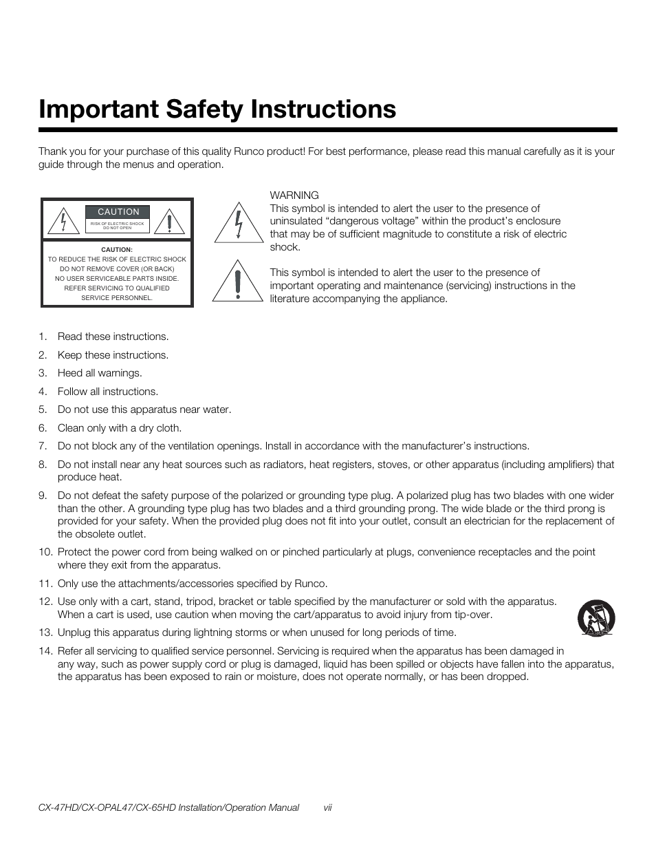 Important safety instructions, Pre l iminar y | Runco CRYSTAL CX-OPAL47 User Manual | Page 7 / 76