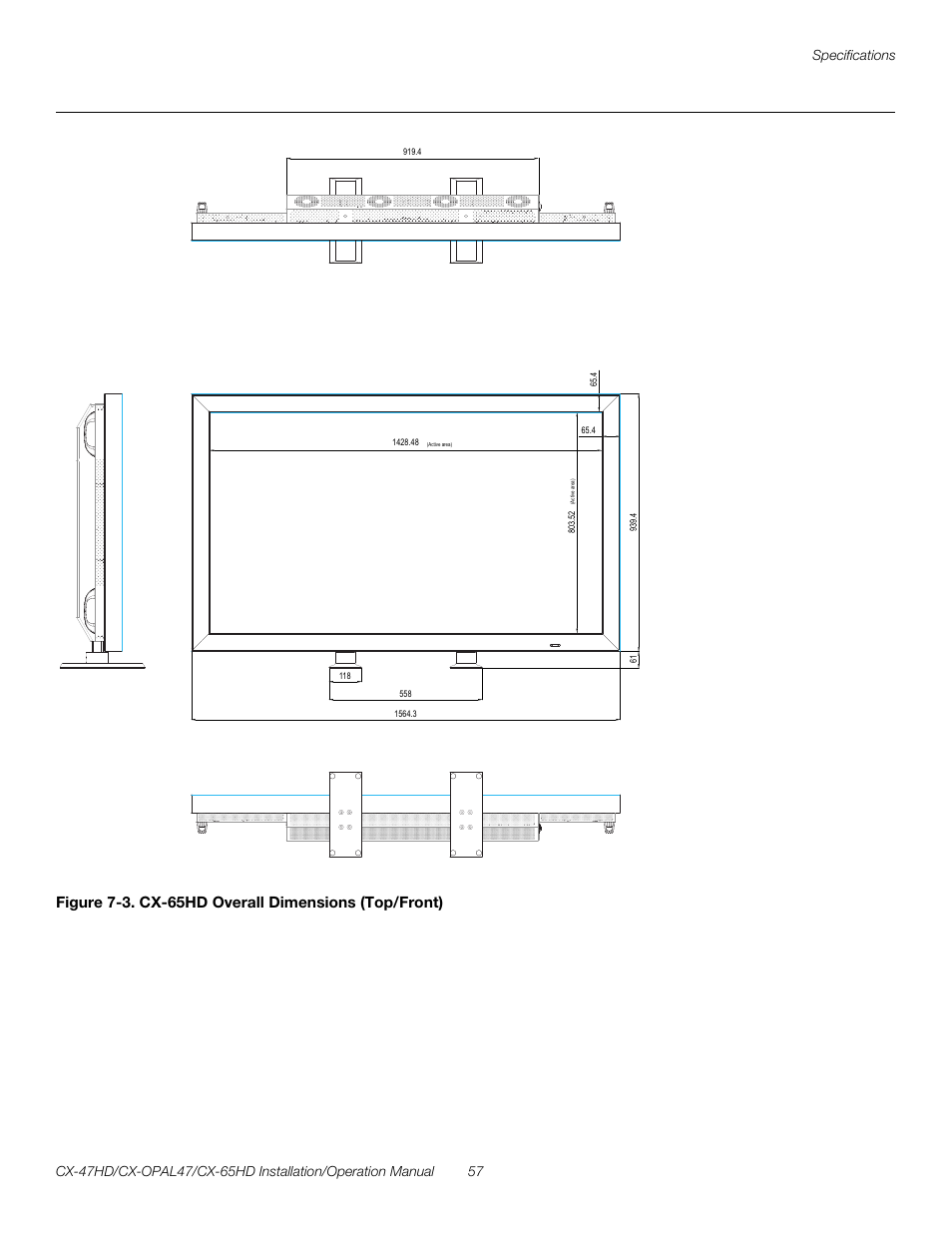 3. cx-65hd overall dimensions (top/front), E figure 7-3 and figur, Figure 7-3 a | Pre l iminar y | Runco CRYSTAL CX-OPAL47 User Manual | Page 71 / 76