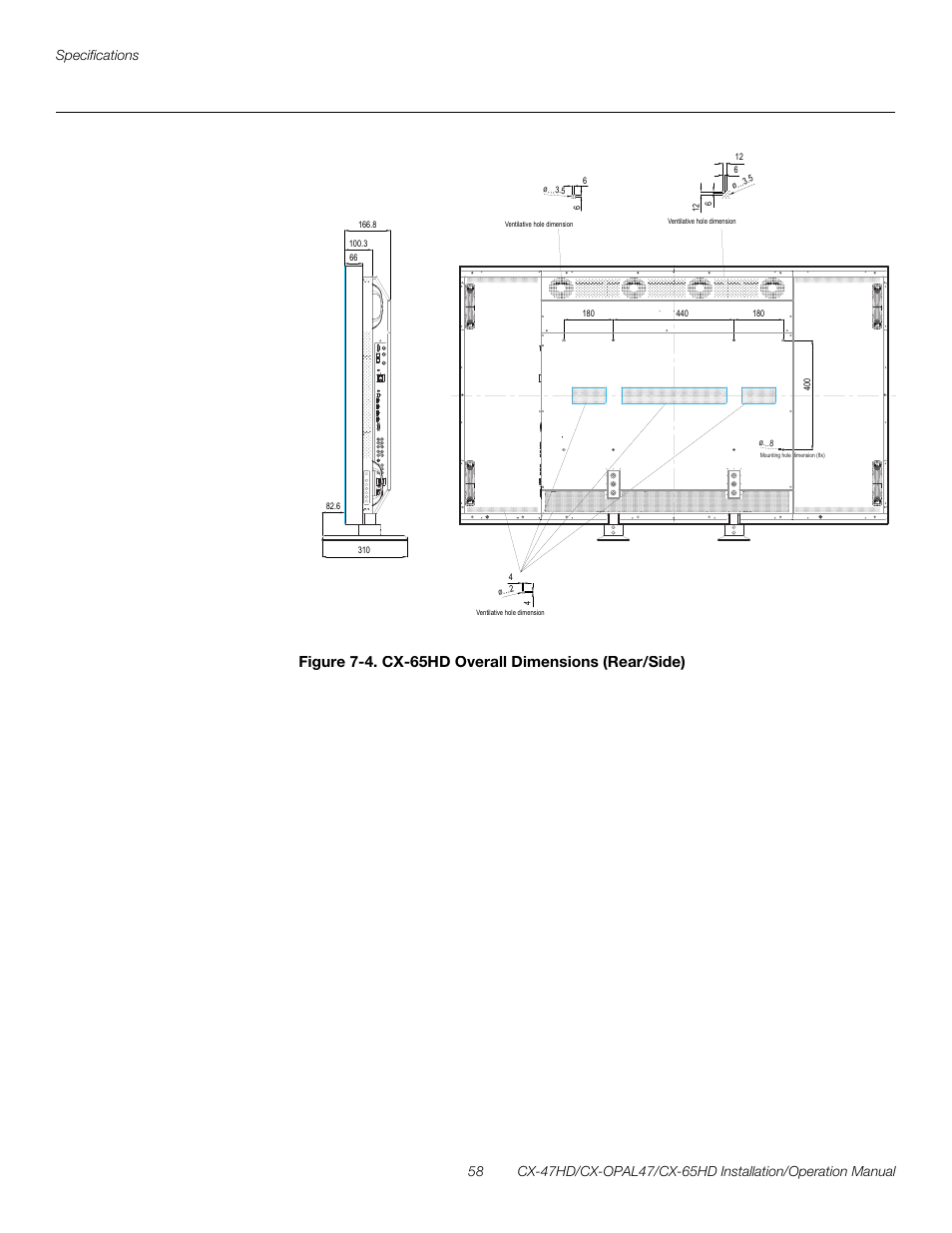 4. cx-65hd overall dimensions (rear/side), E 7-4, Figure 7-4 sho | Preli m inary | Runco CRYSTAL CX-OPAL47 User Manual | Page 72 / 76