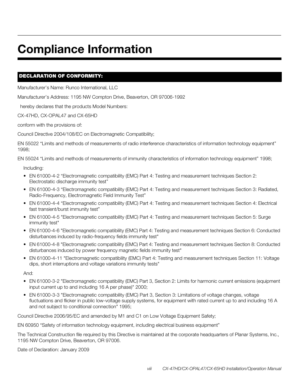 Compliance information, Pre l iminar y | Runco CRYSTAL CX-OPAL47 User Manual | Page 8 / 76