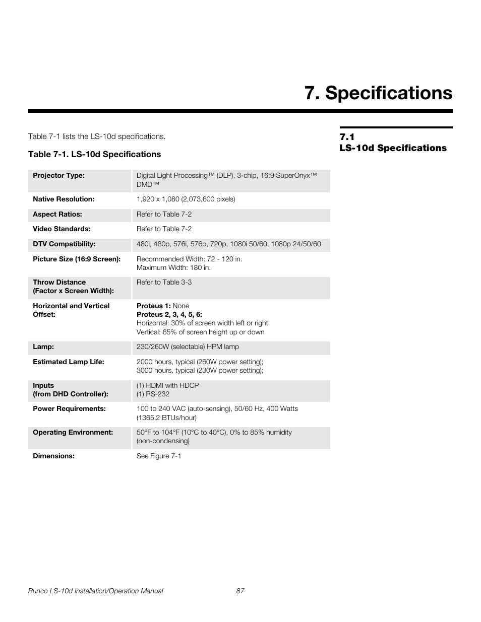 Specifications, 1 ls-10d specifications, Table 7-1 . ls-10d specifications | Ls-10d specifications, Pre l iminar y | Runco LIGHTSTYLE LS-10D User Manual | Page 103 / 112