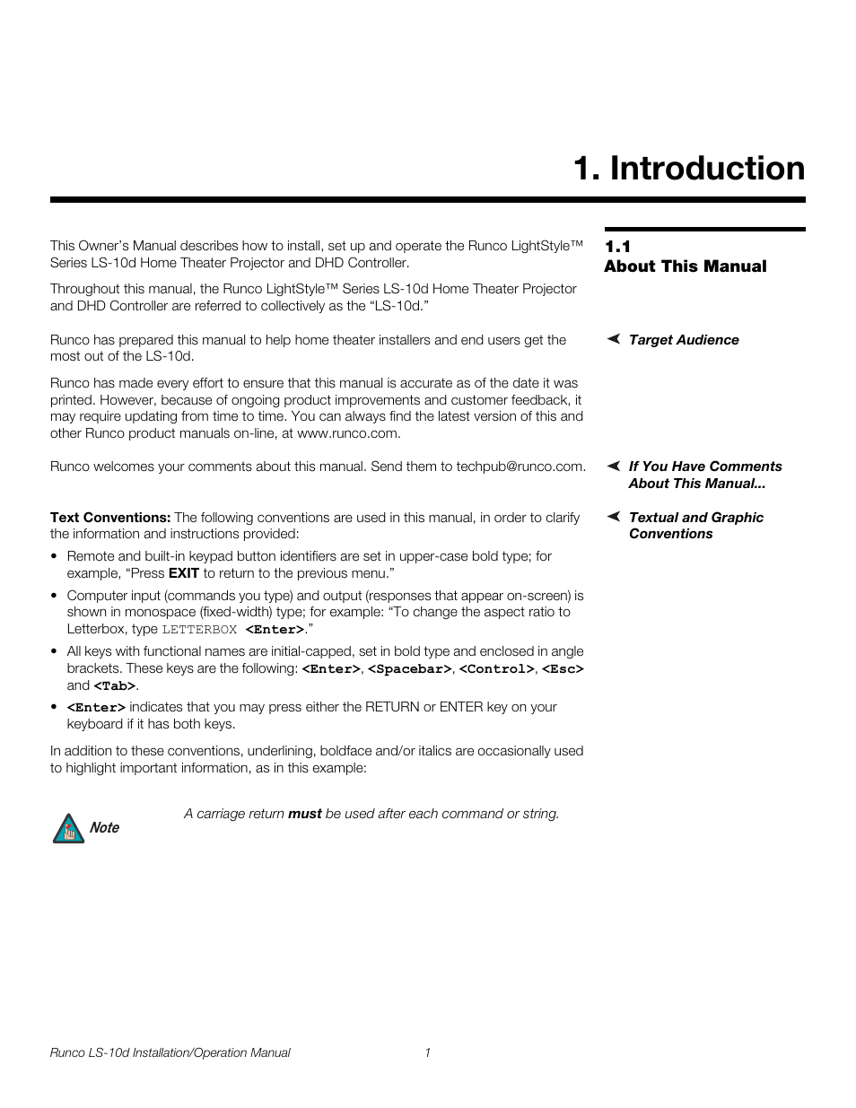 Introduction, 1 about this manual, Target audience | If you have comments about this manual, Textual and graphic conventions, Text conventions, About this manual, Pre l iminar y | Runco LIGHTSTYLE LS-10D User Manual | Page 17 / 112