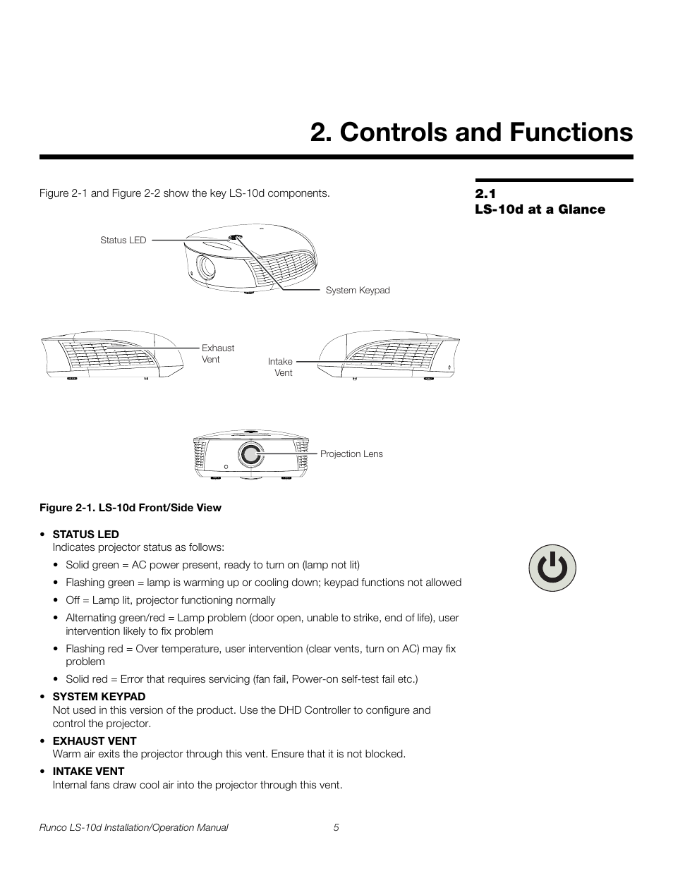 Controls and functions, 1 ls-10d at a glance, Figure 2-1 . ls-10d front/side view | Iminar, Ls-10d at a glance, 1. ls-10d front/side view, Pre l iminar y | Runco LIGHTSTYLE LS-10D User Manual | Page 21 / 112