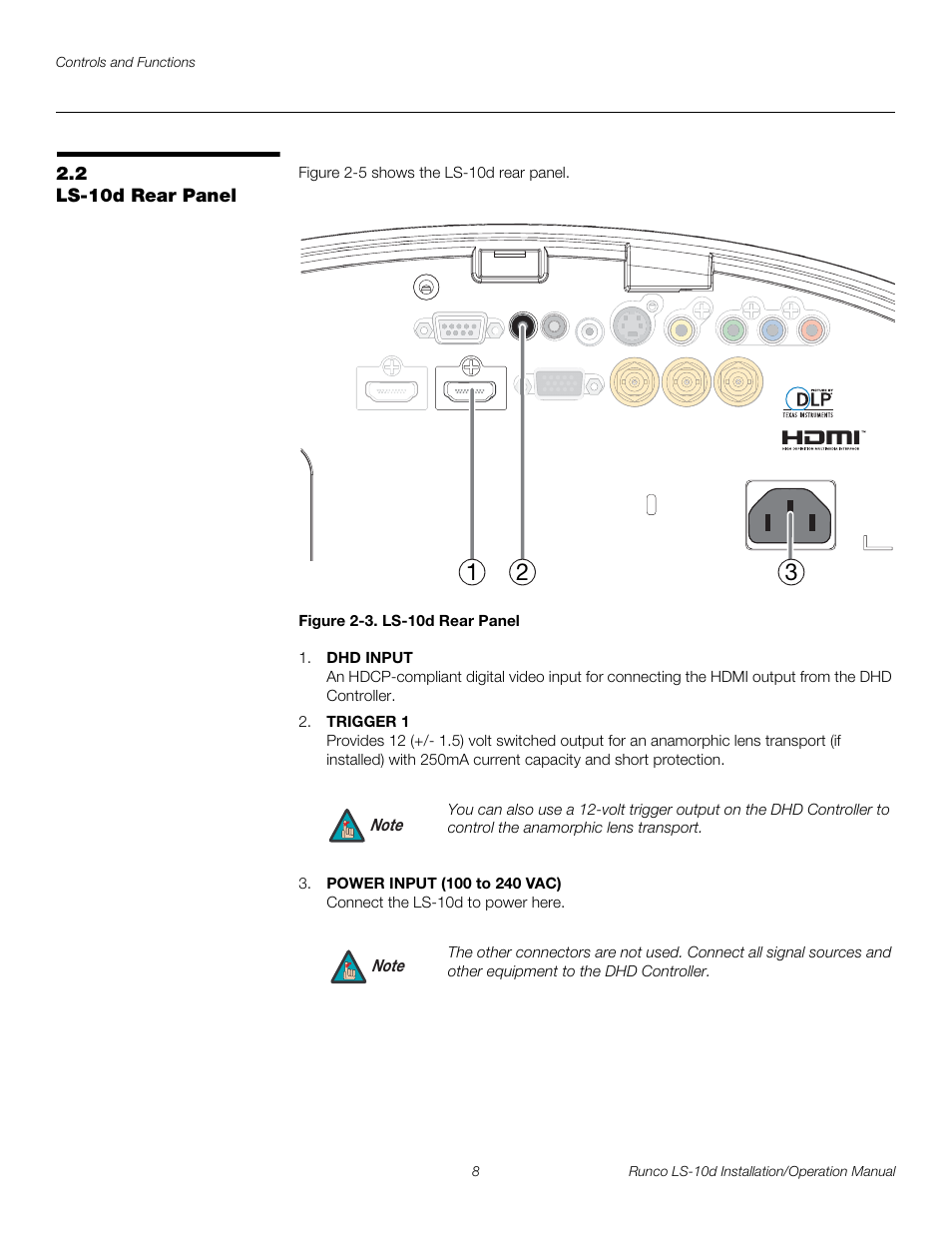 2 ls-10d rear panel, Figure 2-3 . ls-10d rear panel, Ls-10d rear panel | 3. ls-10d rear panel, Pre l iminar y | Runco LIGHTSTYLE LS-10D User Manual | Page 24 / 112