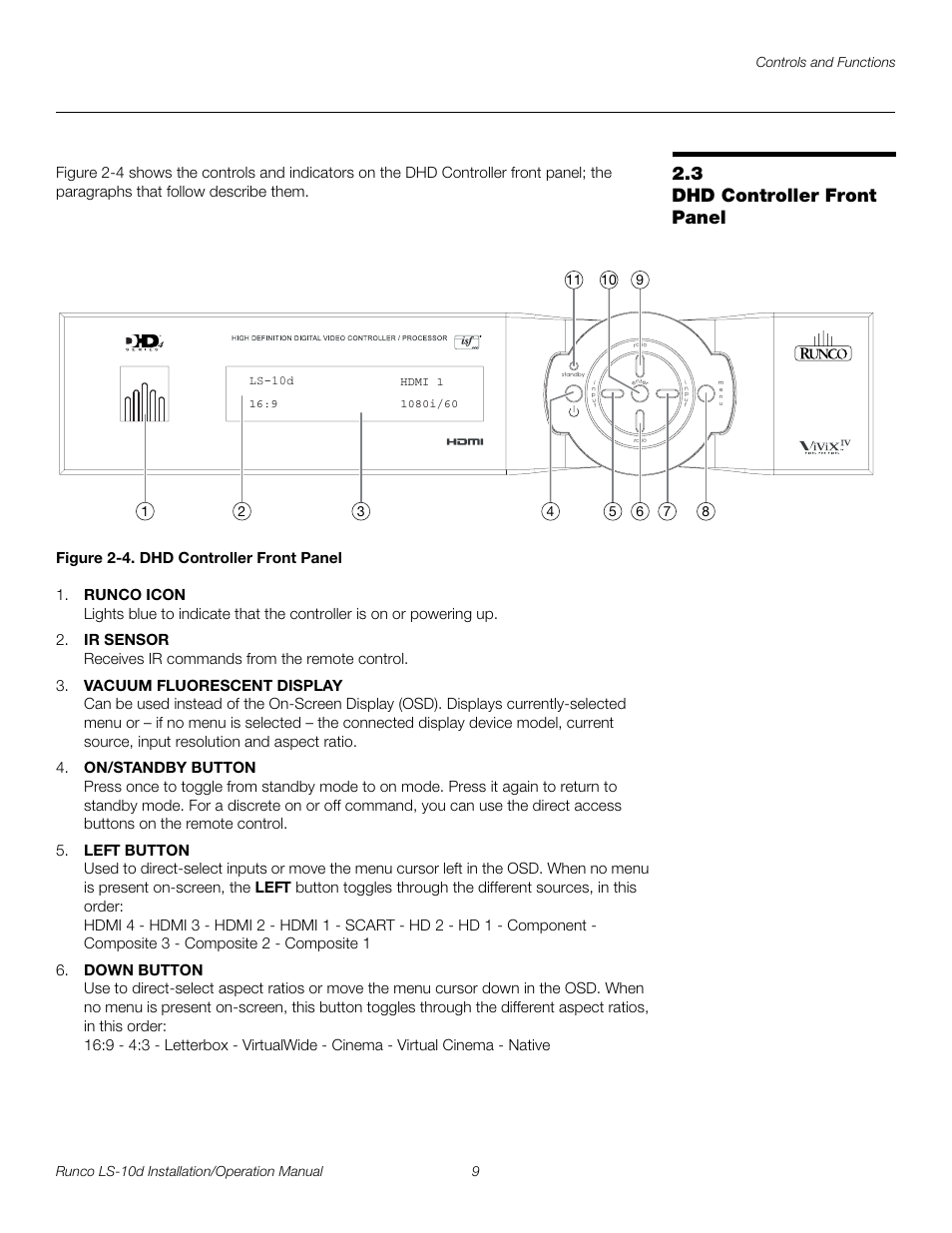 3 dhd controller front panel, Figure 2-4 . dhd controller front panel, Dhd controller front panel | 4. dhd controller front panel, Pre l iminar y | Runco LIGHTSTYLE LS-10D User Manual | Page 25 / 112