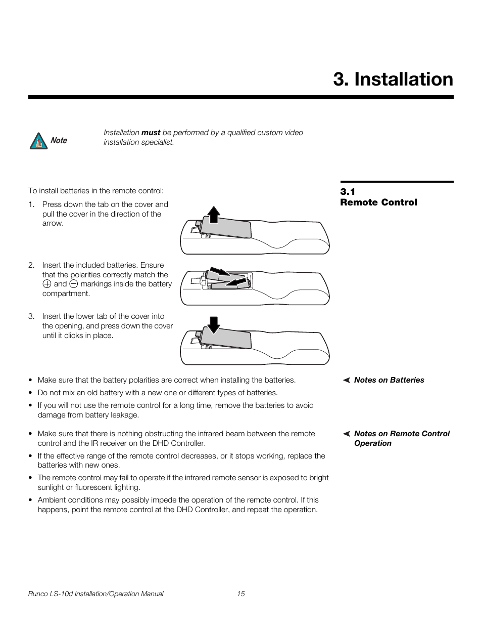 Installation, 1 remote control, Notes on batteries | Notes on remote control operation, Remote control, Pre l iminar y | Runco LIGHTSTYLE LS-10D User Manual | Page 31 / 112