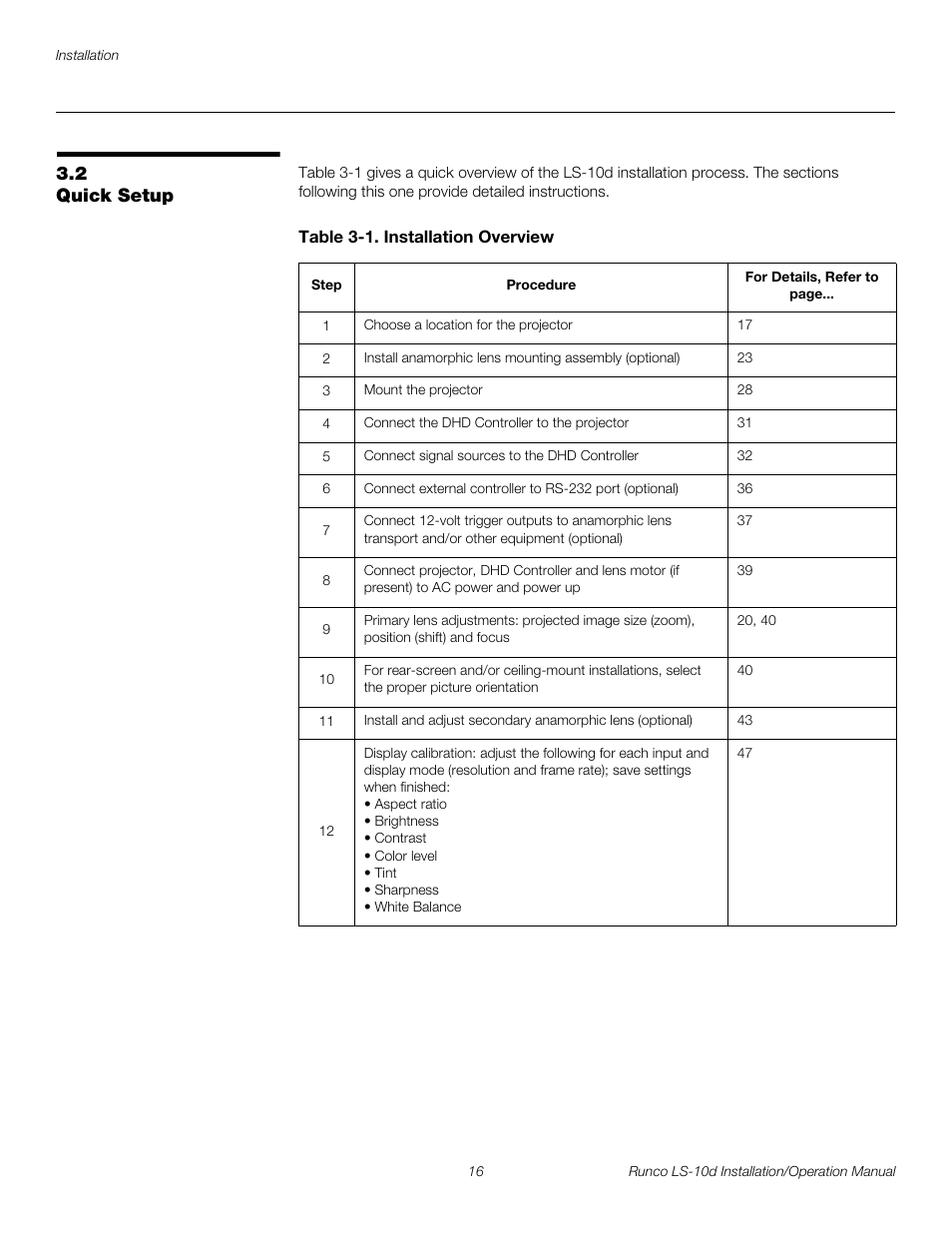 2 quick setup, Table 3-1 . installation overview, Quick setup | Pre l iminar y | Runco LIGHTSTYLE LS-10D User Manual | Page 32 / 112