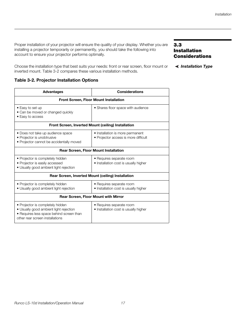 3 installation considerations, Installation type, Table 3-2 . projector installation options | Installation considerations, Pre l iminar y | Runco LIGHTSTYLE LS-10D User Manual | Page 33 / 112