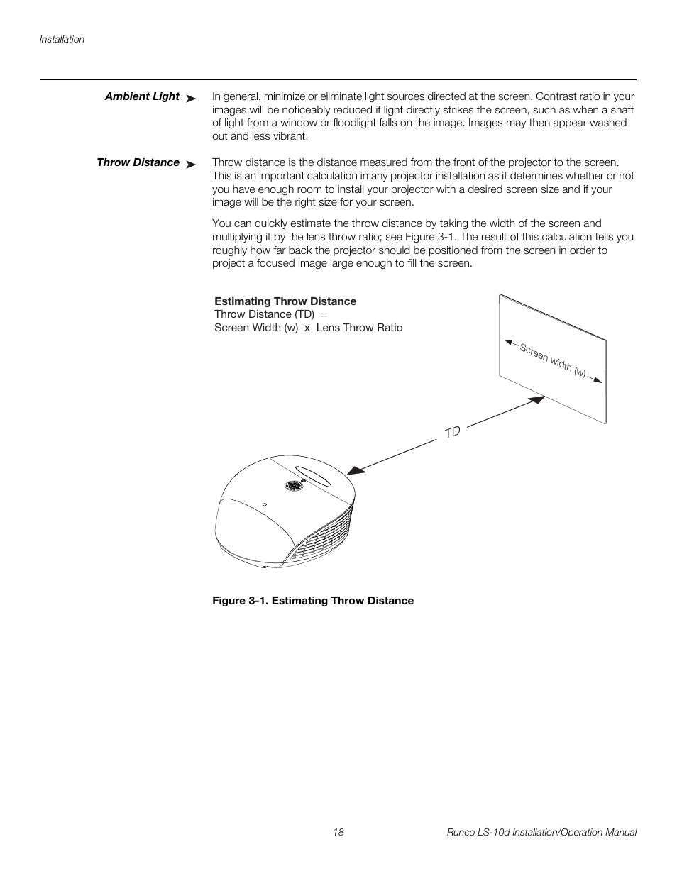 Ambient light, Throw distance, Figure 3-1 . estimating throw distance | 1. estimating throw distance, Pre l iminar y | Runco LIGHTSTYLE LS-10D User Manual | Page 34 / 112