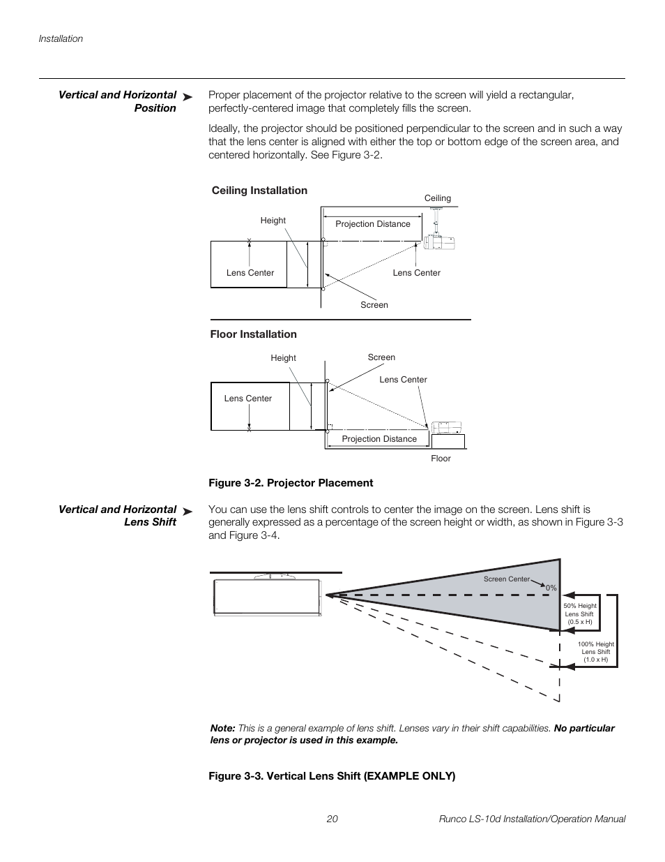 Vertical and horizontal position, Figure 3-2 . projector placement, Vertical and horizontal lens shift | Figure 3-3 . vertical lens shift (example only), 2. projector placement, 3. vertical lens shift (example only), Pre l iminar y | Runco LIGHTSTYLE LS-10D User Manual | Page 36 / 112