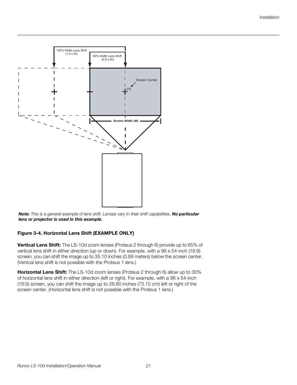 Figure 3-4 . horizontal lens shift (example only), Vertical lens shift, Horizontal lens shift | 4. horizontal lens shift (example only), D figure 3-4, Pre l iminar y | Runco LIGHTSTYLE LS-10D User Manual | Page 37 / 112