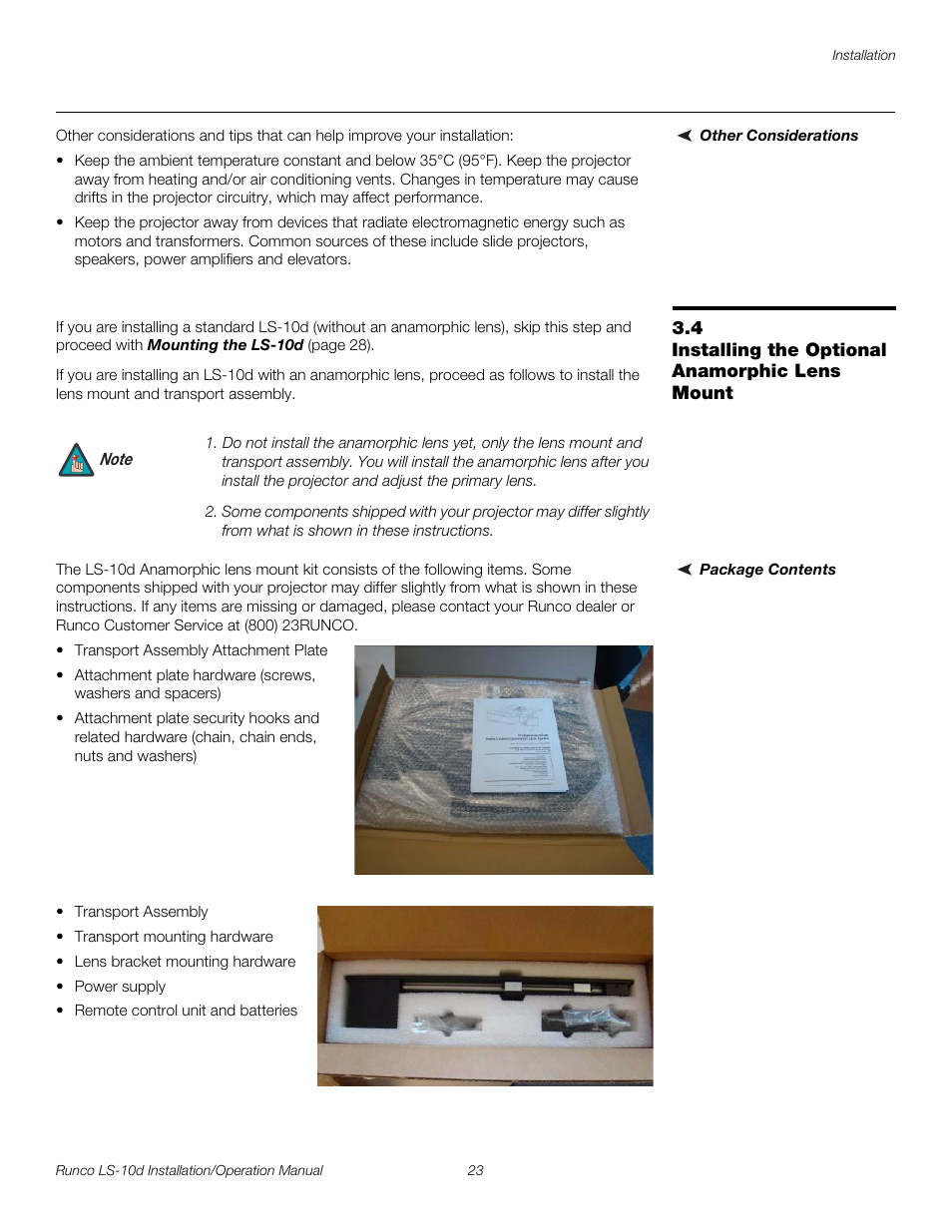 Other considerations, 4 installing the optional anamorphic lens mount, Package contents | Installing the optional anamorphic lens mount, Pre l iminar y | Runco LIGHTSTYLE LS-10D User Manual | Page 39 / 112