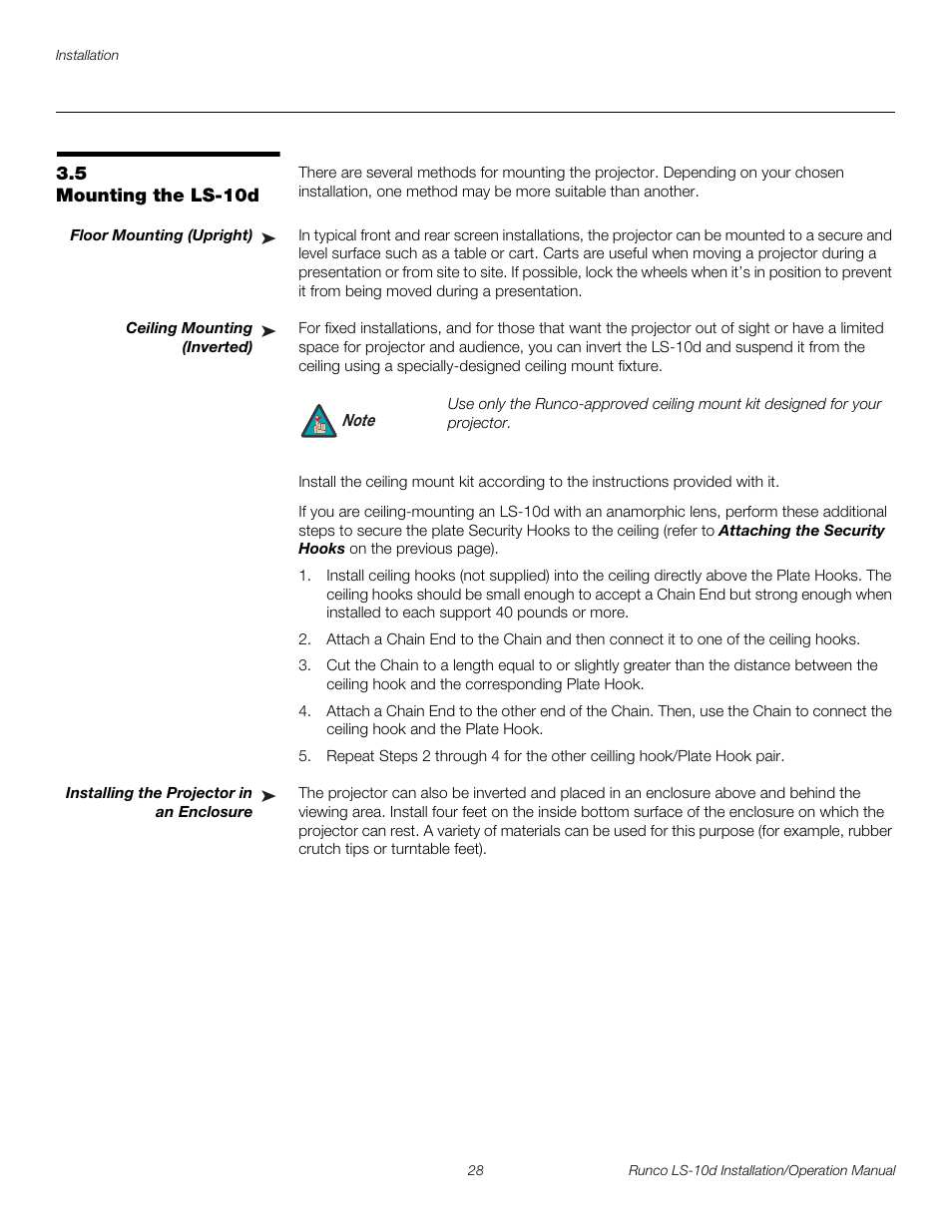 5 mounting the ls-10d, Floor mounting (upright), Ceiling mounting (inverted) | Installing the projector in an enclosure, Mounting the ls-10d, Pre l iminar y | Runco LIGHTSTYLE LS-10D User Manual | Page 44 / 112