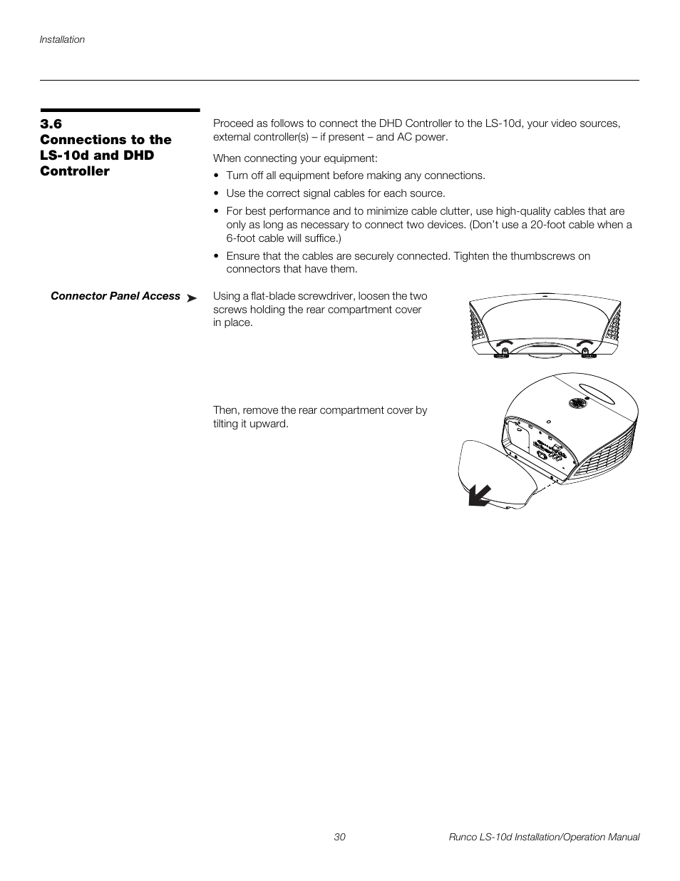 6 connections to the ls-10d and dhd controller, Connector panel access, Connections to the ls-10d and dhd controller | Pre l iminar y | Runco LIGHTSTYLE LS-10D User Manual | Page 46 / 112