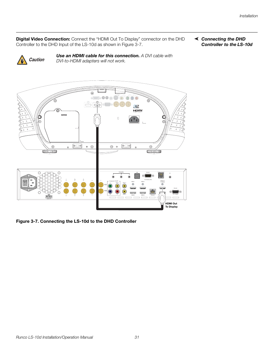 Connecting the dhd controller to the ls-10d, Digital video connection, 7. connecting the ls-10d to the dhd controller | Pre l iminar y, Caution | Runco LIGHTSTYLE LS-10D User Manual | Page 47 / 112