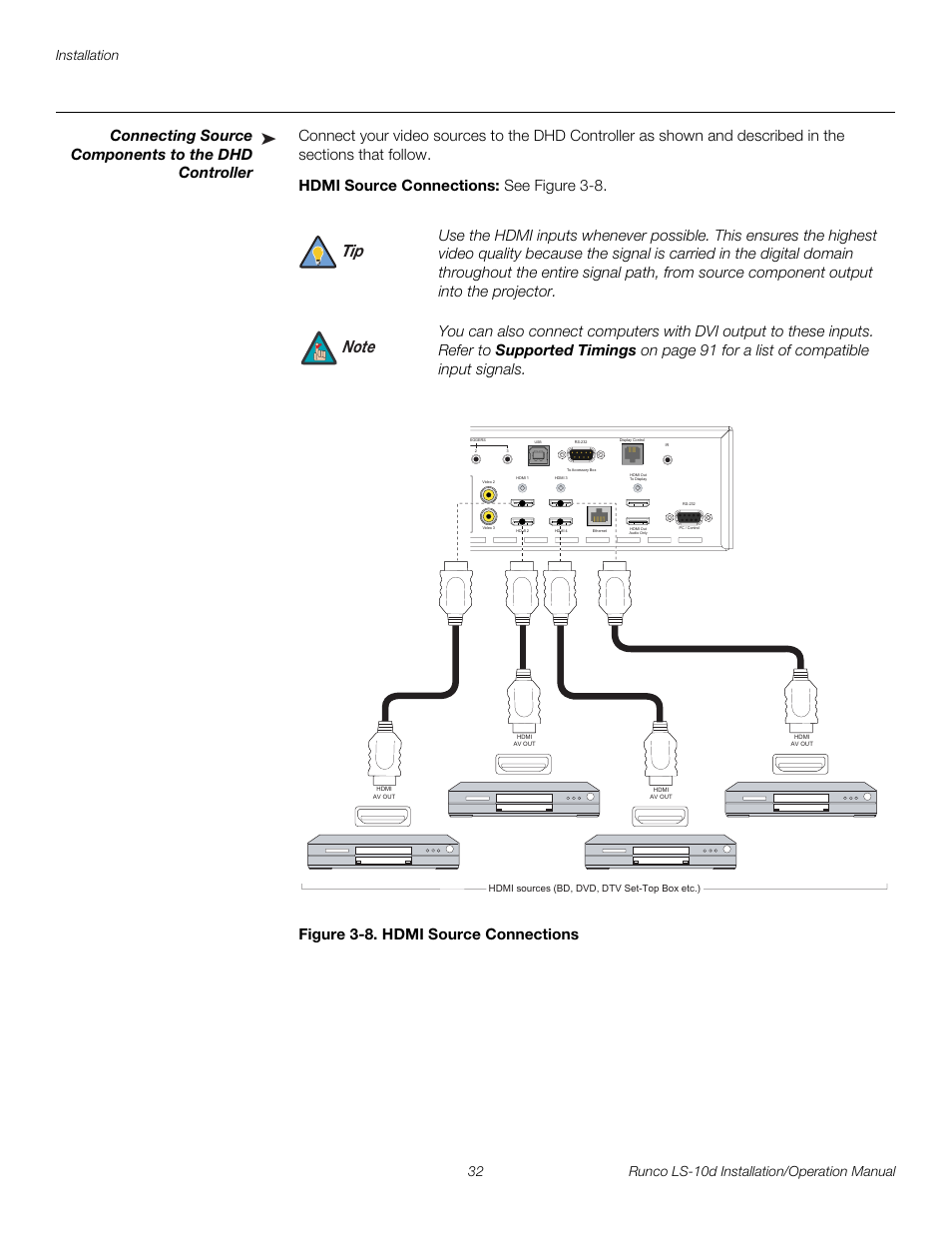 Connecting source components to the dhd controller, Hdmi source connections, Figure 3-8 . hdmi source connections | 8. hdmi source connections, Pre l iminar y | Runco LIGHTSTYLE LS-10D User Manual | Page 48 / 112