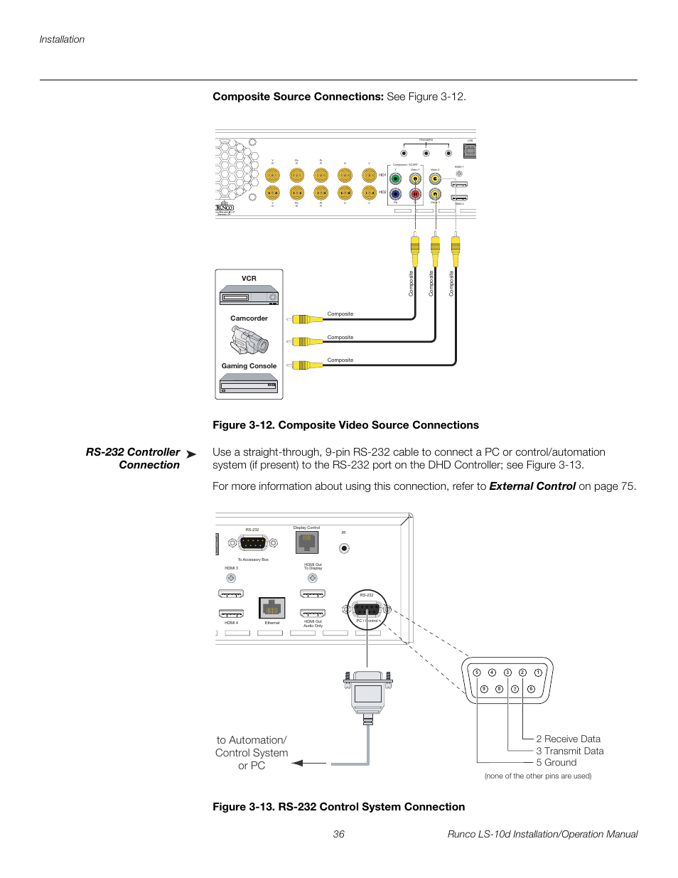 Composite source connections, Figure 3-12 . composite video source connections, Rs-232 controller connection | Figure 3-13 . rs-232 control system connection, 12. composite video source connections, 13. rs-232 control system connection, Pre l iminar y | Runco LIGHTSTYLE LS-10D User Manual | Page 52 / 112