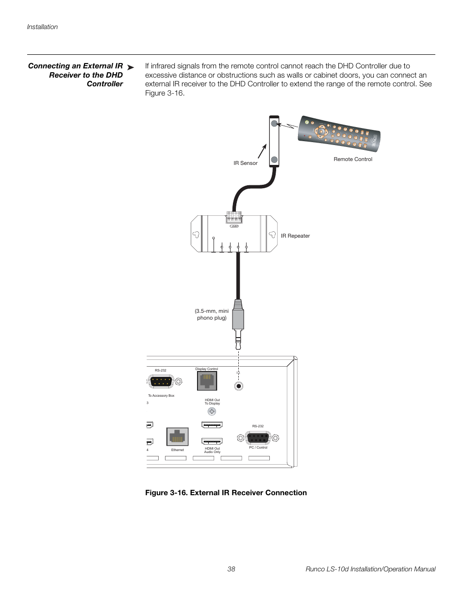 Figure 3-16 . external ir receiver connection, 16. external ir receiver connection, Pre l iminar y | Runco LIGHTSTYLE LS-10D User Manual | Page 54 / 112