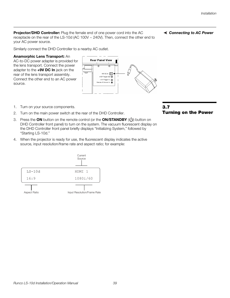 Connecting to ac power, Projector/dhd controller, Anamorphic lens transport | 7 turning on the power, Turning on the power, Pre l iminar y | Runco LIGHTSTYLE LS-10D User Manual | Page 55 / 112