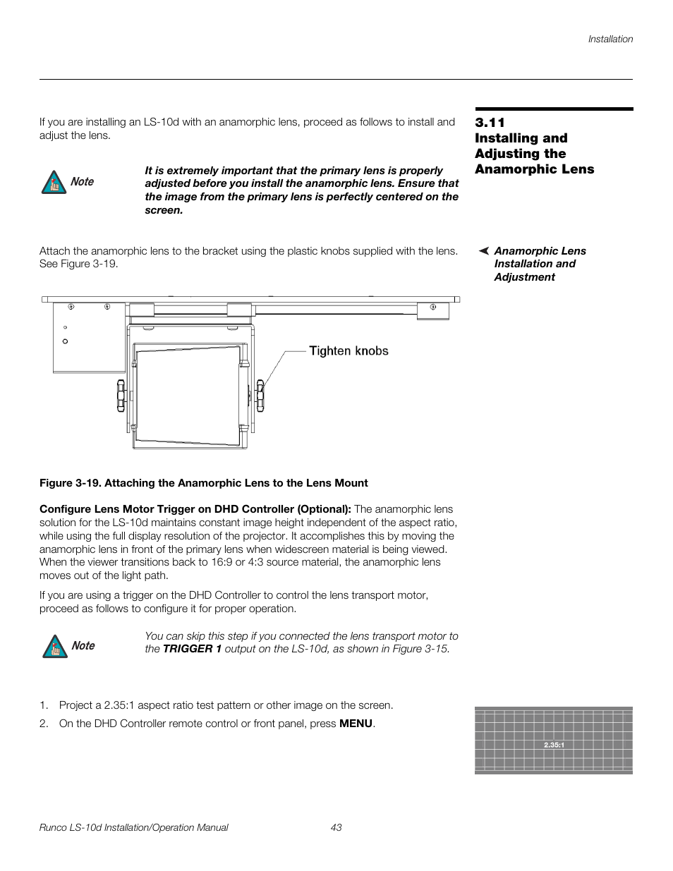 11 installing and adjusting the anamorphic lens, Anamorphic lens installation and adjustment, Installing and adjusting the anamorphic lens | Pre l iminar y | Runco LIGHTSTYLE LS-10D User Manual | Page 59 / 112