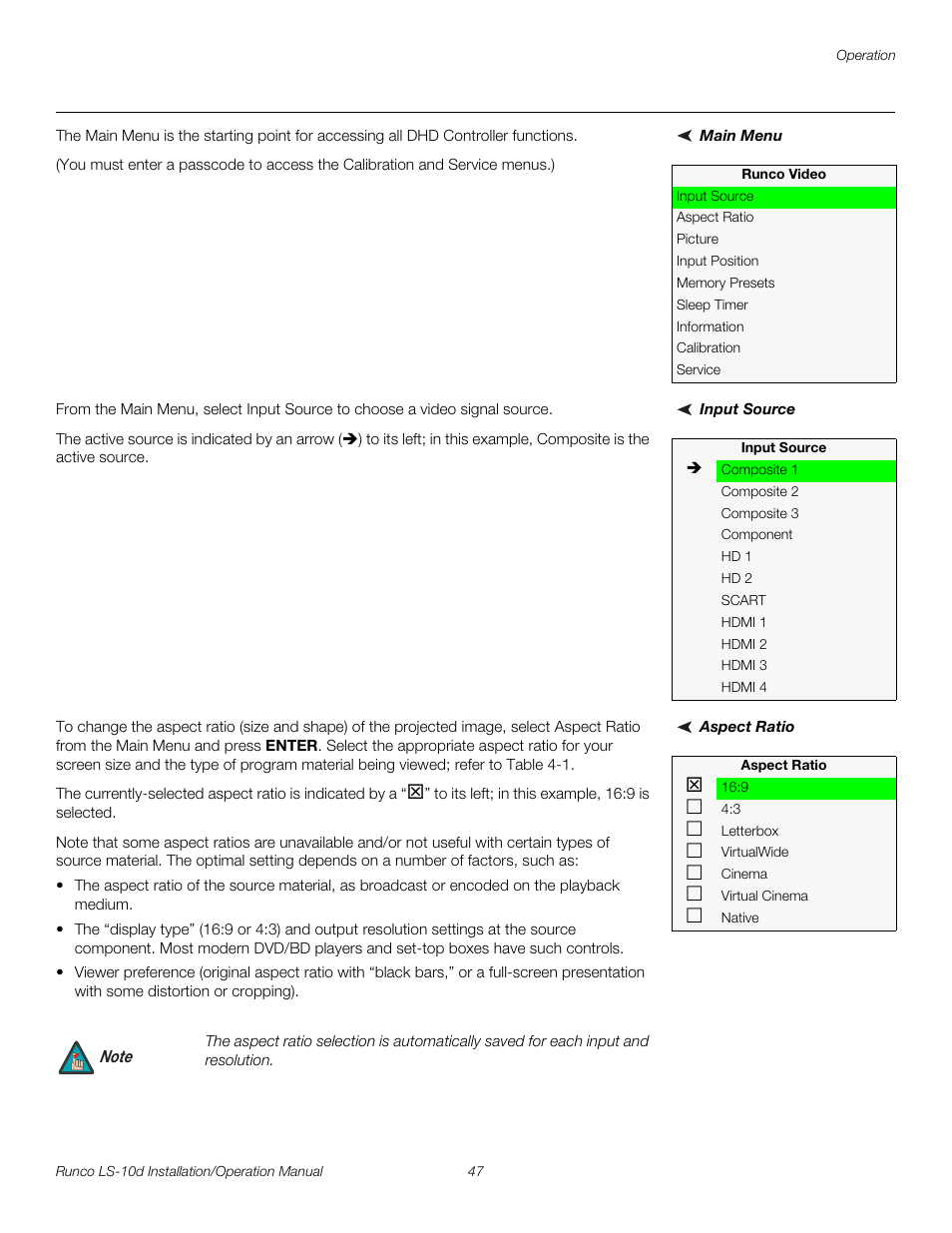 Main menu, Input source, Aspect ratio | Pre l iminar y | Runco LIGHTSTYLE LS-10D User Manual | Page 63 / 112