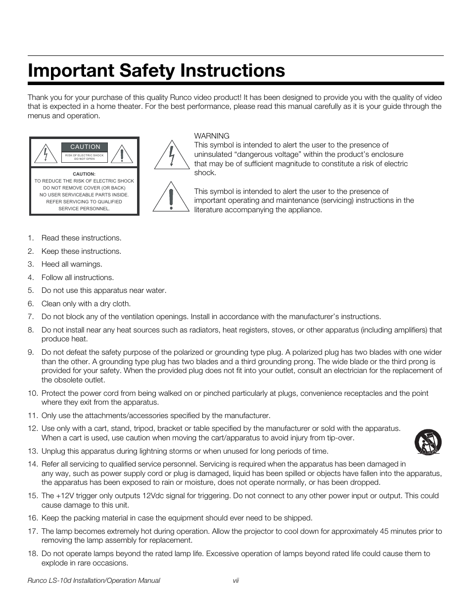 Important safety instructions, Pre l iminar y | Runco LIGHTSTYLE LS-10D User Manual | Page 7 / 112