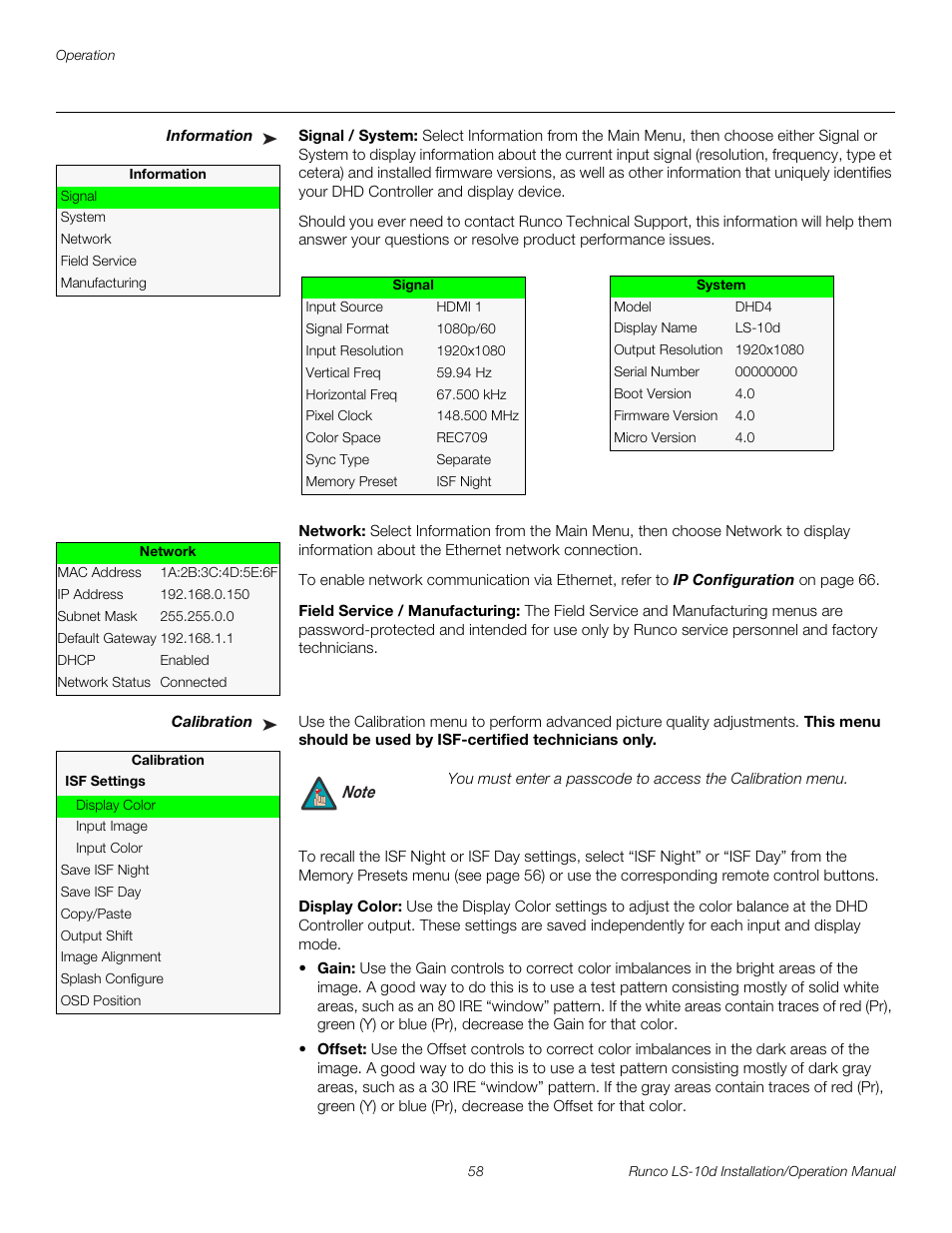 Information, Signal / system, Network | Field service / manufacturing, Calibration, Display color, Pre l iminar y | Runco LIGHTSTYLE LS-10D User Manual | Page 74 / 112