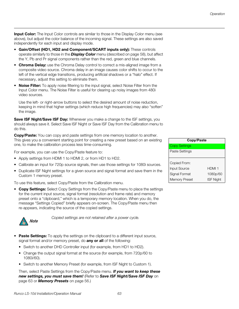 Input color, Save isf night/save isf day, Copy/paste | Pre l iminar y | Runco LIGHTSTYLE LS-10D User Manual | Page 79 / 112