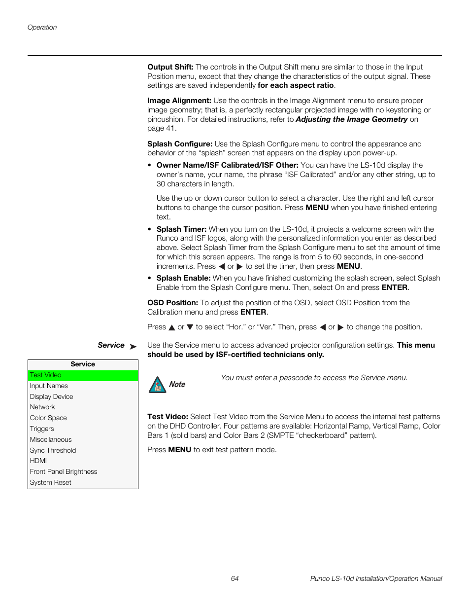 Output shift, Image alignment, Splash configure | Osd position, Service, Test video, Iminar, Ct service fro, Service m, E service me | Runco LIGHTSTYLE LS-10D User Manual | Page 80 / 112